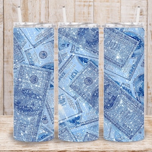 Digitaler Luxus Blau Glitter Dollar Bill 20 Unzen Tumbler Wrap - PNG Sublimation 300 dpi