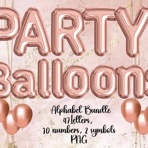Digitales Rosegold Luftballons Alphabet und Zahlen - PNG Clipart Bundle