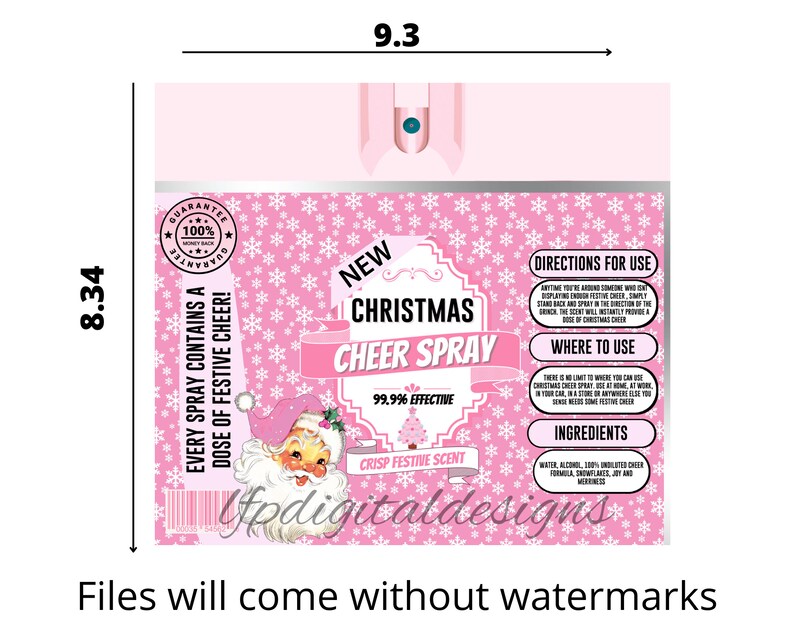 May include: A pink Christmas Cheer Spray bottle, 9.3 inches wide and 8.34 inches tall, with a Santa Claus graphic and snowflake pattern. The label reads "New Christmas Cheer Spray" and "Crisp Festive Scent".