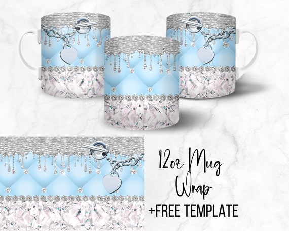 Digital Blue Glam 12oz Coffee Mug Wrap - PNG Sublimation - Free SVG/PNG Template Included - 400dpi