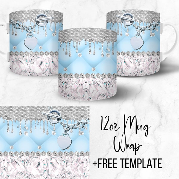 Digital Blue Glam 12oz Coffee Mug Wrap - PNG Sublimation - Free SVG/PNG Template Included - 400dpi