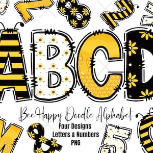 Digitales Bee Spring Alpha Doodle Alphabet - Frühlings Clipart PNG Bündel - Buchstaben und Zahlen