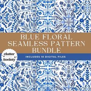 Blaues Florales Muster-Bundle: Digitales Aquarell Papier (10 PNGs)