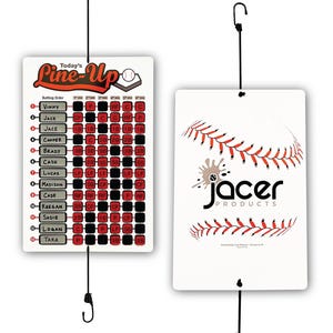 May include: Two rectangular white signs with black hanging hooks. The left sign displays a baseball batting order grid with names and positions. The right sign features a baseball graphic with red stitching and the text Jacer Products in black.