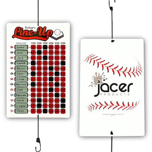 May include: Two white baseball-themed hanging signs. One displays a baseball lineup with player names and positions. The other features a baseball design with red stitching and the "jacer products" logo. Both signs are connected by black cords.