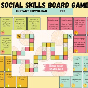 Op de afbeelding: Een printbaar bordspel voor sociale vaardigheden met een citroenthema. Het spelbord is een raster met een pad dat spelers kunnen volgen. Het spel bevat kaarten met prompts voor discussie en gespreksstarters. De kaarten zijn kleurgecodeerd en bevatten illustraties van citroenen.