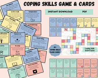 May include: A printable coping skills game and flash cards. The game board is a colorful grid with a path to follow. The flash cards are pink, yellow, and green with black outlines and feature coping skills such as "go for a walk", "temperature", "journaling", "talking to a friend", "aromatherapy", "planned rest", "mood rating", "create a cat", "positive affirmations", "creativity", "revamp", "puzzles", "read", "create comfort", "organize", "pets", and "go to a favorite".