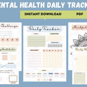 Könnte beinhalten: Druckbarer täglicher Mental-Health-Tracker mit drei Seiten: eine 30-Tage-Herausforderung, ein täglicher Tracker und eine Achtsamkeits-Malvorlage mit einem Abschnitt für tägliche Reflexionen. Die Seiten haben einen Marmorhintergrund mit rosa und grünen Akzenten.