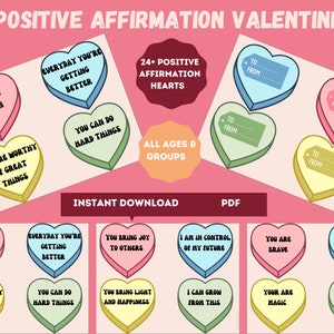 Positieve bevestiging Valentijnsdag, Valentijnskaarten, snoepharten, geestelijke gezondheidsactiviteit, eigenwaarde