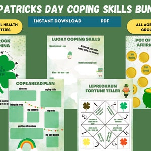 May include: A printable St. Patrick's Day coping skills bundle for all ages. The bundle includes five activities: Shamrock Breathing, Lucky Coping Skills, Cope Ahead Plan, Leprechaun Fortune Teller, and Pot of Positive Affirmations. The activities are designed to help children and adults manage stress and anxiety.