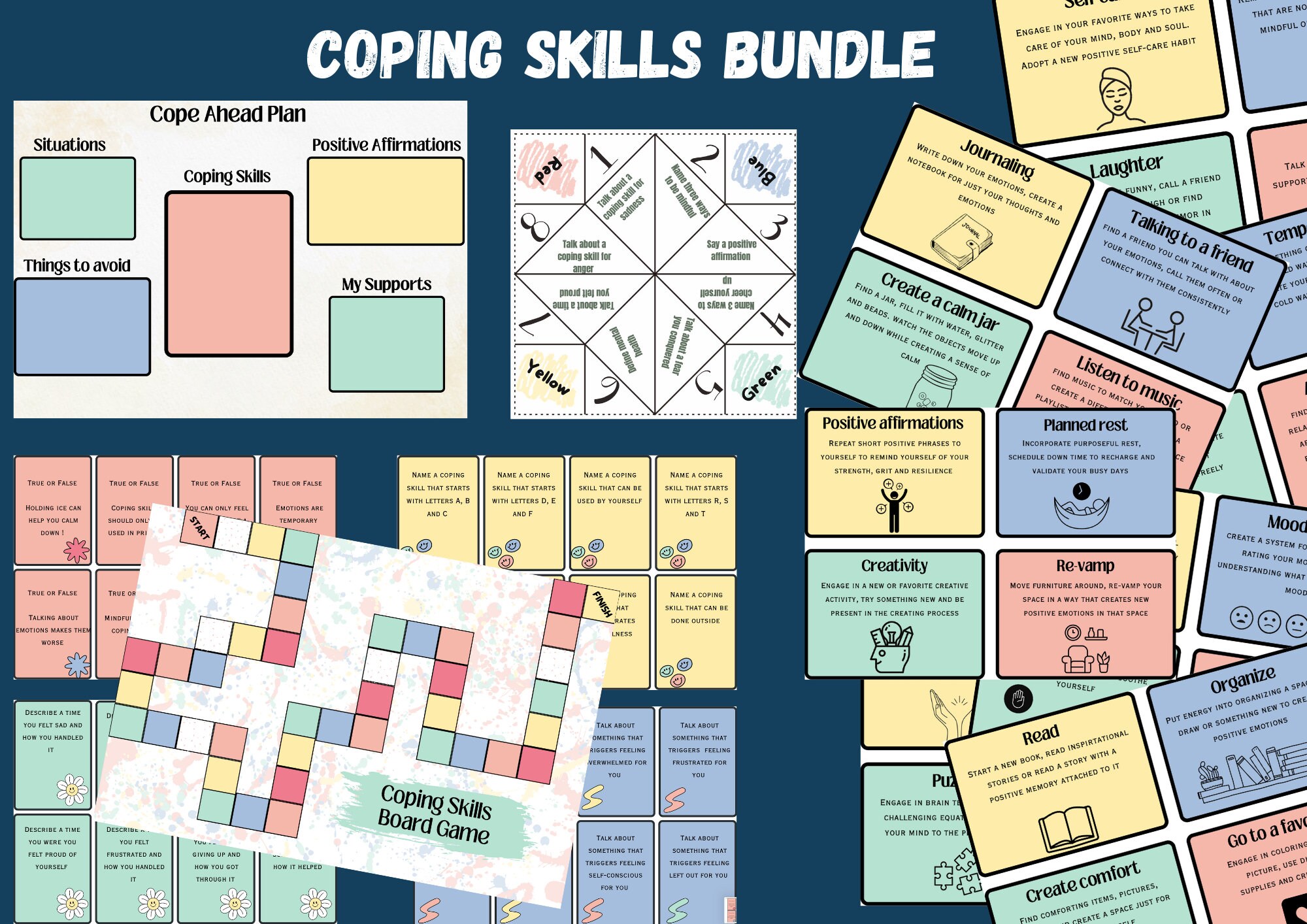 Coping Skills Bundle, Games, Coping Cards, Fortune Teller