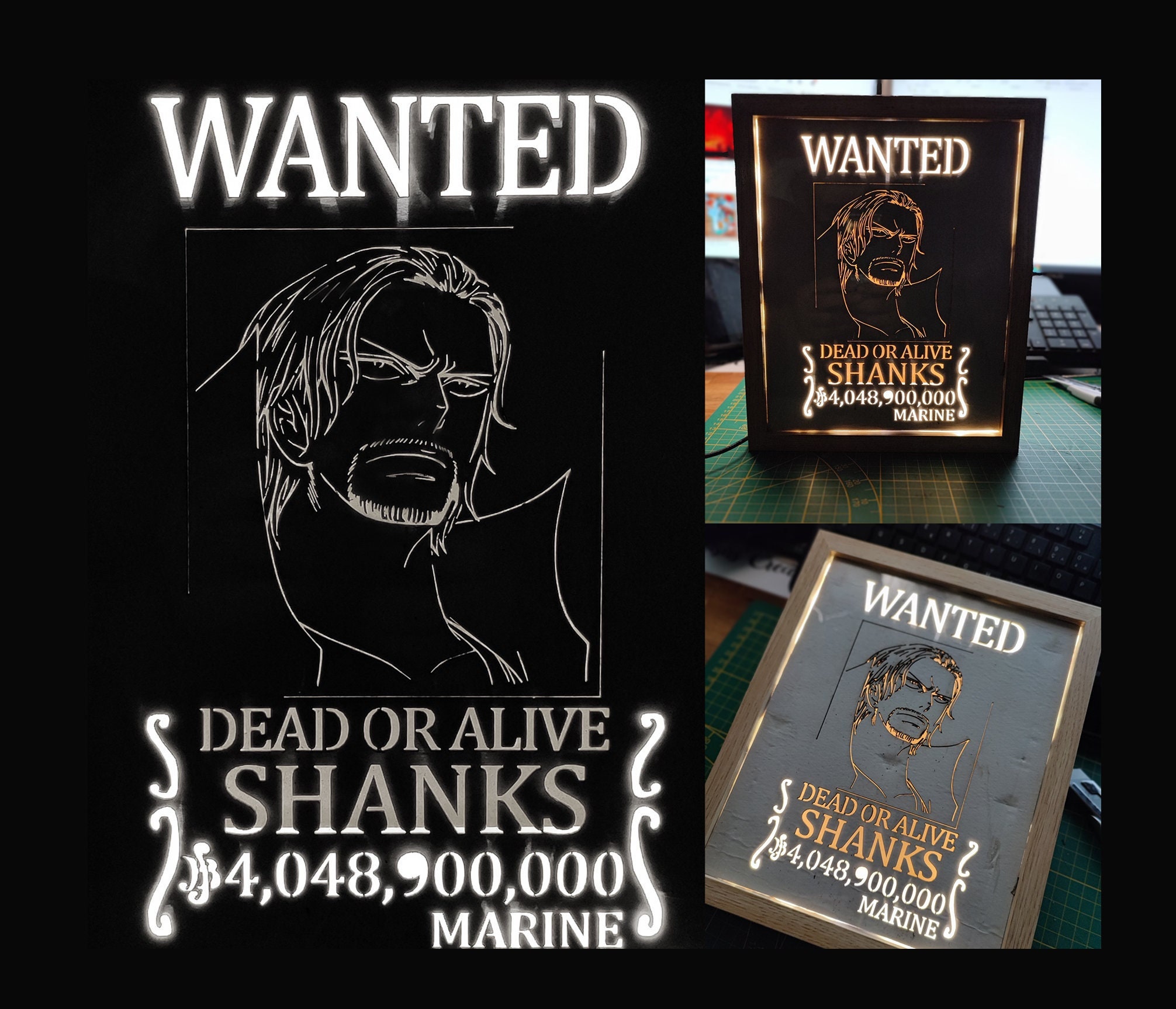 One Piece Wanted Poster Shanks Lamp Mural, Anime Wanted Poster, Lumière Manga One Piece, Shanks Post