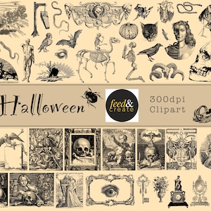 Antique Vintage Halloween Clip Art Graphics, Halloween Png, Skull, Bat, Spooky, Pumpkin, Witch, Snake, Owl, Cat, Crow, Vintage Halloween