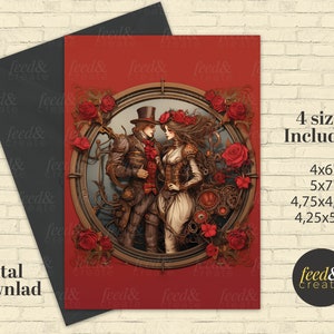 Carte d'amour vintage, carte de voeux numérique steampunk, carte imprimable VD3