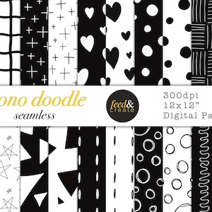 Mono Doodle Seamless Digital Papers, Printable Paper, Doodle Digital Paper, Scrapbook Pattern Paper, Mono Pattern Pack