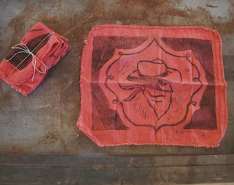 Rodeo Rag in Red / 3 Pack / Linoleum Block Print / Handmade Western Art / Cowboy Bandana / Masculine Art / Vintage Inspired Art