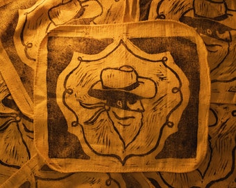 Rodeo Rag in Yellow / 3 pack / Linoleum Block Print / Handmade Western Art / Cowboy Bandana / Masculine Art / Vintage Inspired Art