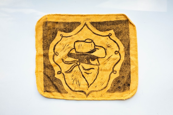 Rodeo Rag in Yellow / Linoleum Block Print / Handmade Western Art / Cowboy Bandana / Masculine Accessories / Quality Handmade Goods