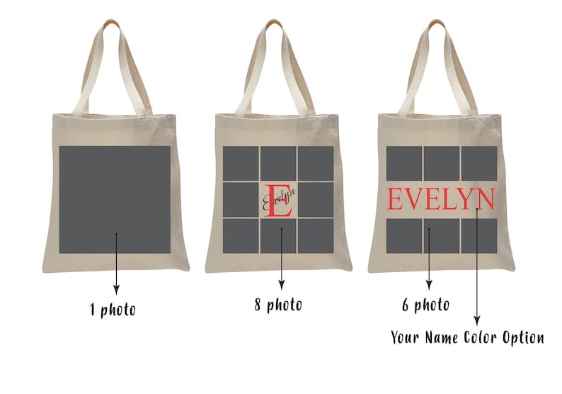 May include: Three canvas tote bags with different photo options. The first bag has one photo space, the second has eight photo spaces, and the third has six photo spaces. The third bag also has the name "EVELYN" printed in red.