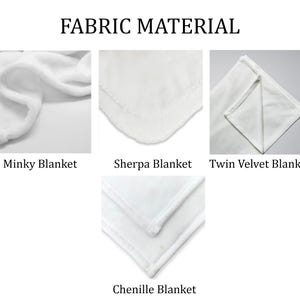 three different fabric materials: a Minky Blanket, a Sherpa Blanket, and a Twin Velvet Blanket. The text "Fabric Material" is visible at the top of the image.