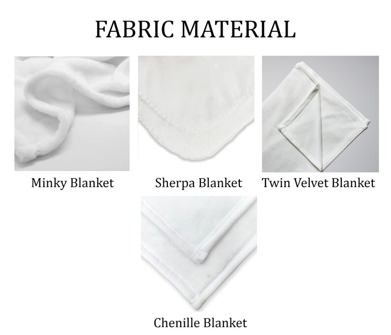 three different fabric materials: a Minky Blanket, a Sherpa Blanket, and a Twin Velvet Blanket. The text "Fabric Material" is visible at the top of the image.