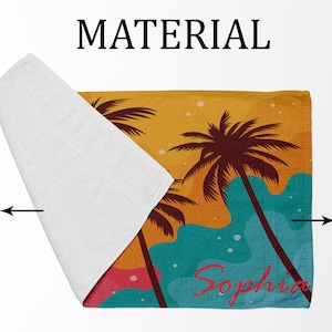 May include: A beach towel featuring a sunset and palm trees design. The towel is personalised with the name "Sophia". The towel is made from 100% cotton on the inside and 100% polyester on the printed side.