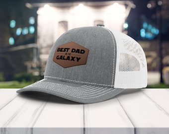 Best Dad In The Galaxy Hat-Personalized Fathers Day Gift-Custom Dad Gift-New Dad Present-Custom Trucker Hat-Leather Patch Hat-Custom NameHat