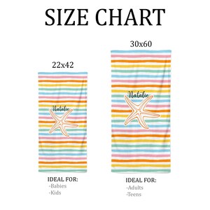 Puede incluir: Tabla de tallas para toallas de playa con dos tama&ntilde;os diferentes: 22x42 pulgadas y 30x60 pulgadas. Las toallas son de rayas de colores arco&iacute;ris con un dise&ntilde;o de estrella de mar y el nombre "Natalie" impreso en ellas.