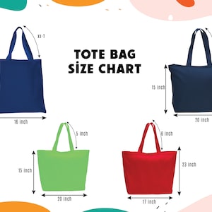 May include: A tote bag size chart with four different sizes of tote bags. The chart shows the width, height, and depth of each bag in inches. The bags are shown in blue, green, and red.