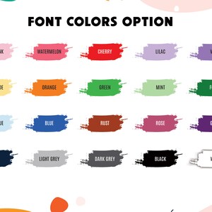 May include: A chart of 20 different color swatches with the names of each color written in black text. The colors include baby pink, watermelon, cherry, lilac, violet, lemonade, orange, green, mint, forest, baby blue, blue, rust, rose, grape, navy, light grey, dark grey, black, and white.