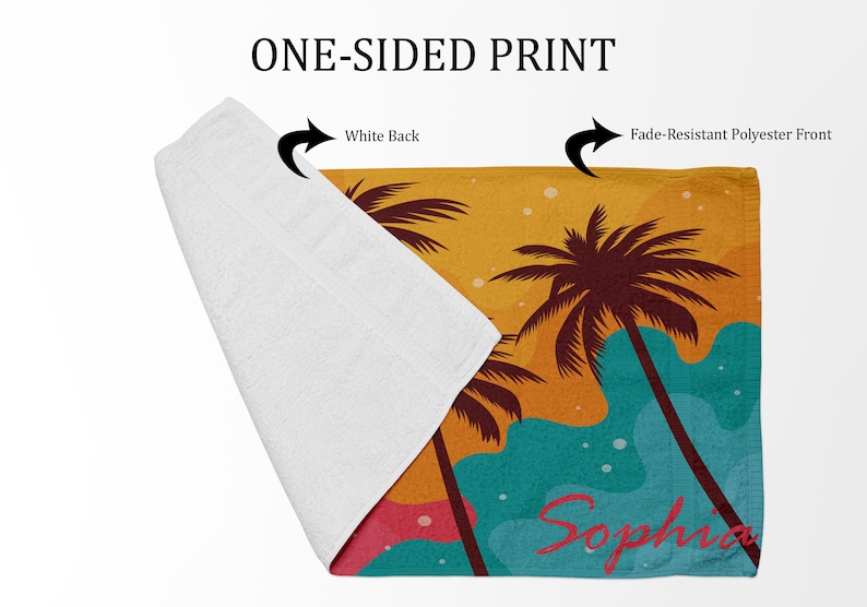 May include: A beach towel featuring a colourful design of palm trees, waves, and the name "Sophia" printed on it. The towel is one-sided, with a white back.