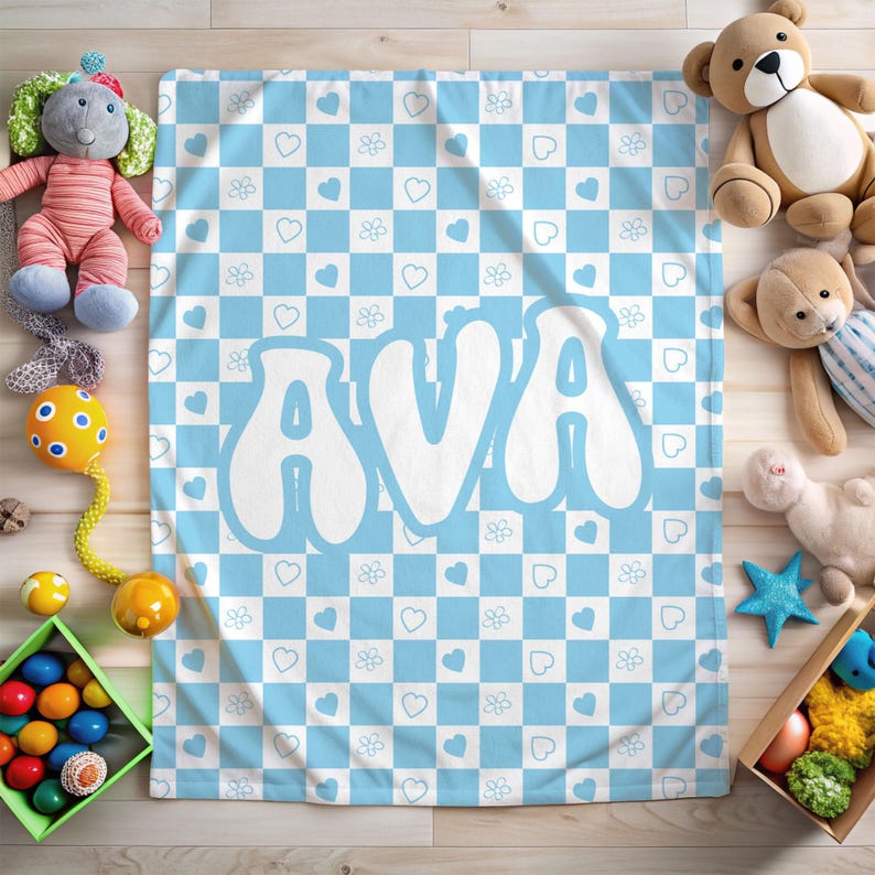 Checkered Custom Name Blanket - Checkered Personalized Blanket - Kid Personalized Phrase Checkerboard - Birthday Gift for Kids - Retro Style 画像 3