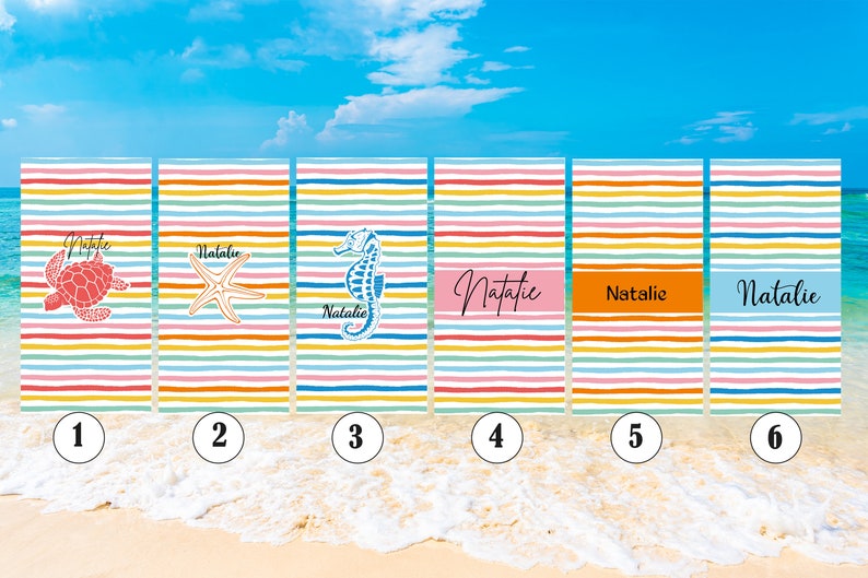 Puede incluir: Seis toallas de playa coloridas con diferentes dise&ntilde;os. Las toallas tienen un patr&oacute;n de rayas arco&iacute;ris y presentan una tortuga marina, una estrella de mar, un caballito de mar y el nombre "Natalie".