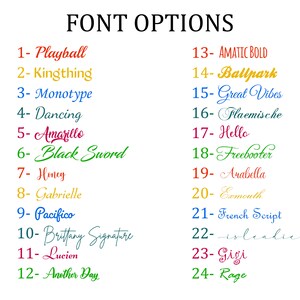 May include: A list of 24 different font options with their corresponding numbers. The font names are written in various colours and styles.