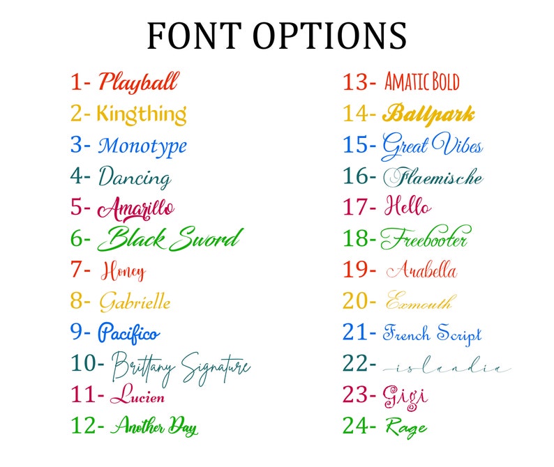 May include: A list of 24 different font options with their corresponding numbers. The font names are written in various colours and styles.