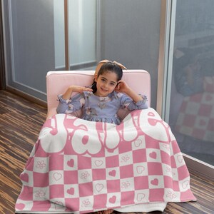Checkered Custom Name Blanket - Checkered Personalized Blanket - Kid Personalized Phrase Checkerboard - Birthday Gift for Kids - Retro Style 画像 5