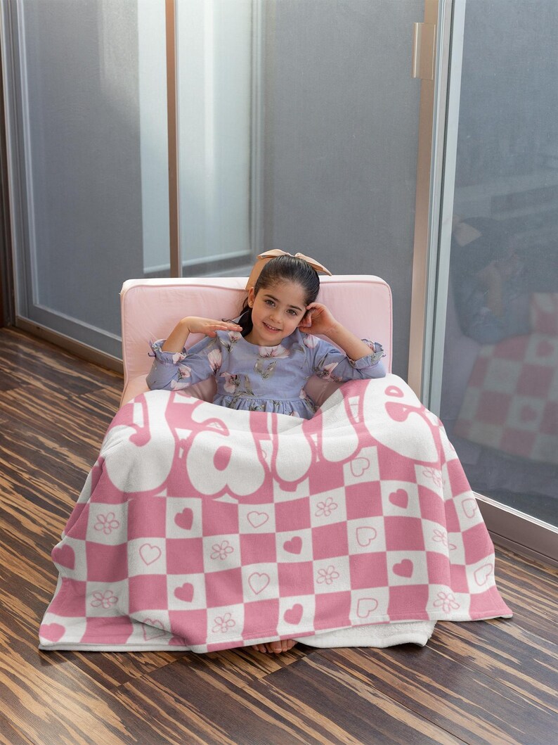 Checkered Custom Name Blanket - Checkered Personalized Blanket - Kid Personalized Phrase Checkerboard - Birthday Gift for Kids - Retro Style 画像 5