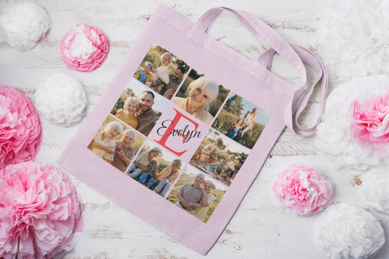 May include: A pink canvas tote bag with a photo collage of a family. The photos are arranged in a grid pattern and feature a variety of people, including children, adults, and seniors. The bag also has the name "Evelyn" printed on it in a cursive font.