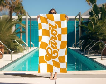 Retro Checkered Personalized Beach Towel-Groovy Checkered Custom Name Towel-Retro Pool Towel- Birthday Vacation Gift-Bridesmaid Beach Towel