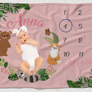 Baby Milestone Blanket-Personalized Baby Milestone Blanket-Cute Animals Baby Blanket-Newborn Photo Prop-Monthly Baby Blanket-Baby Milestones
