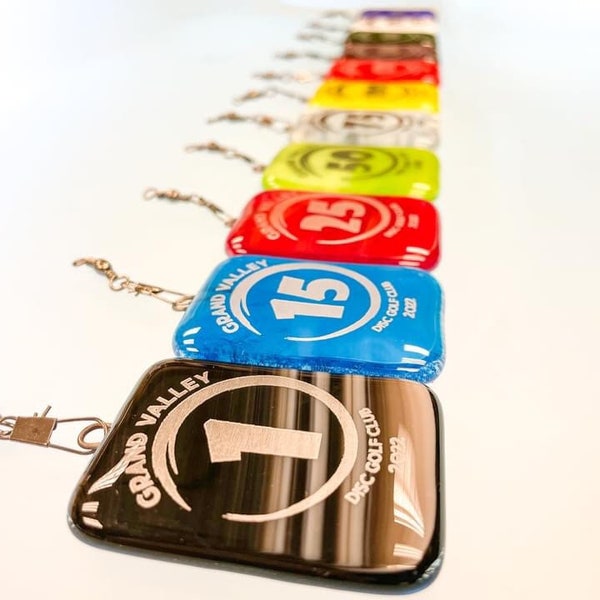 Disc Golf Tags - Glass; All Sports - Customizable Key Chains - Small and Large Orders - Hangers Included, Engraved - Single-Sided