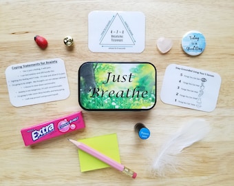 Mini Calm Down Kit, Coping Skills Toolbox, Mindful Grounding Technique, Relaxing Gift, Self-Care Gift, Just Breathe