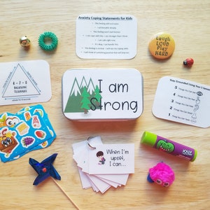 Mini Calm Down Kit for Kids, Coping Skills Box, Mindful Grounding Technique, Panic Anxiety Stress Relief Gift, Self-Care Gift, I am Strong