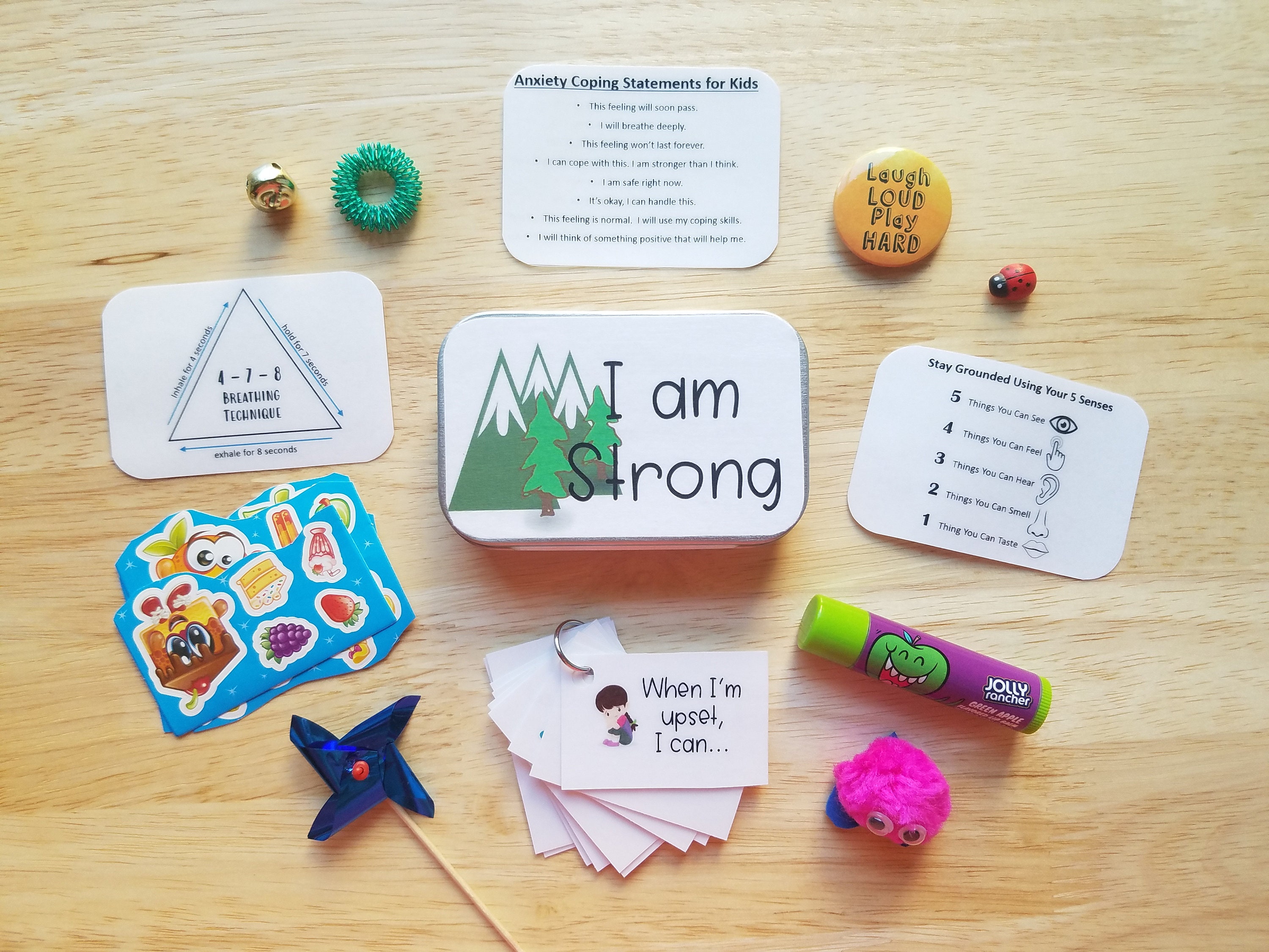 Mini Calm Down Kit for Kids, Coping Skills Box, Mindful Grounding Technique, Relaxing Gift, Self-Care Gift, I am Strong