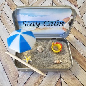Mini jardín zen en una lata, jardín zen de playa, regalo relajante, regalo de atención plena, juguete antiestrés para escritorio, regalo relajante para la playa