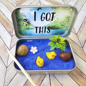 Op de afbeelding: Een kleine, open metalen doos met een miniatuur zen-tuin. Deksel met landschap en de tekst "I GOT THIS". Binnenin omringt blauw zand een steen, bloem, twee gele eendjes, een plant en een bruine steen. Een houten stok ligt ernaast.