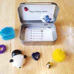 May include: A silver tin with a ladybug magnet, a "Believe in yourself" button, and a card that says "Stay Grounded Using Your 5 Senses." Includes a blue slime, a purple ring, a penguin figurine, a heart-shaped stone, a yellow ball, a gold geometric shape, and a feather.