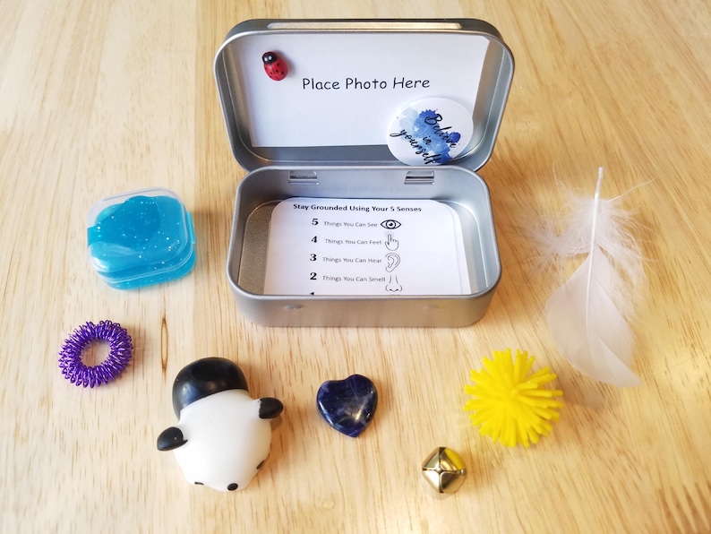 May include: A silver tin with a ladybug magnet, a "Believe in yourself" button, and a card that says "Stay Grounded Using Your 5 Senses." Includes a blue slime, a purple ring, a penguin figurine, a heart-shaped stone, a yellow ball, a gold geometric shape, and a feather.