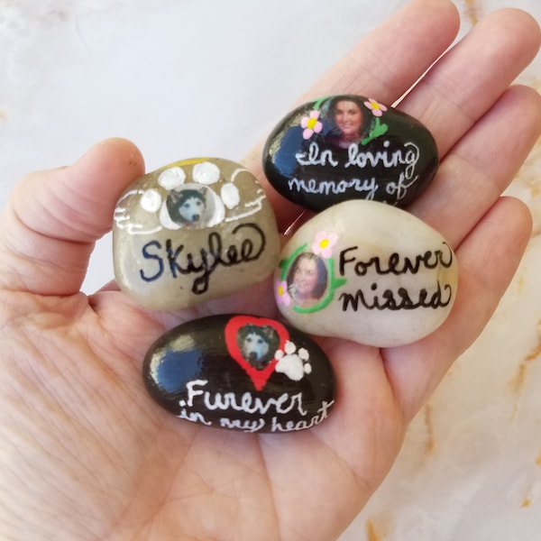 Photo Memory Stones, Handpainted Grief & Loss Rocks, Pet Memory Stones, Photo Bereavement Rocks, Personalized Loss of Loved One Stones