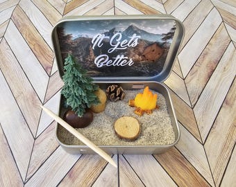Camping Mini Zen Garden in a Tin | It Gets Better | Desk Fidget | Mindfulness Gift